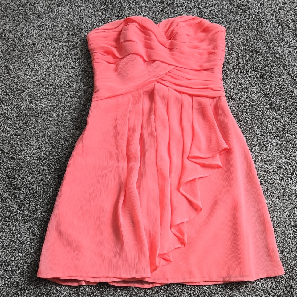David's Bridal Strapless Peplum Sundress in Orange and Pink